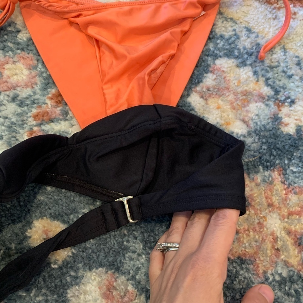 Agua De Coco Orange Tie Waist Cheeky Bikini Bottoms Black Strapless Top Small - Picture 5 of 6